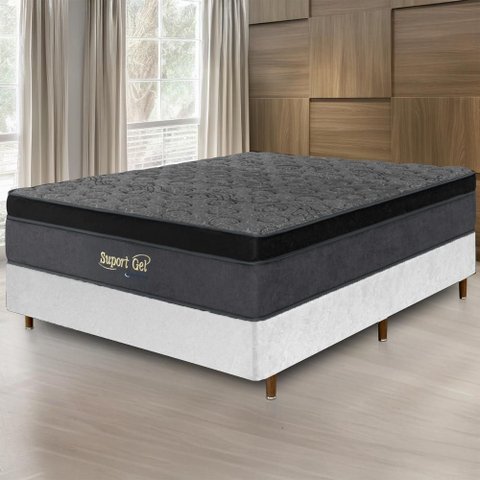 Cama Box Branca + Colchão Casal Suport Gel Molas Ensacadas Euro Pillow 138x188x75cm - Macio