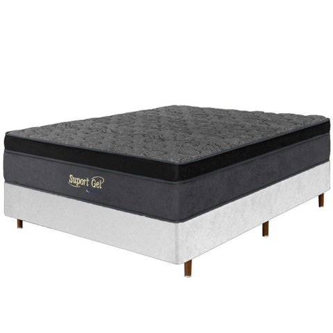 Cama Box Branca + Colchão Casal Suport Gel Molas Ensacadas Euro Pillow 138x188x75cm - Macio