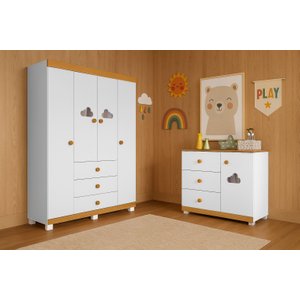 Guarda Roupa Infantil 4 Portas Cômoda Ane 100% Mdf Branco/carvalho