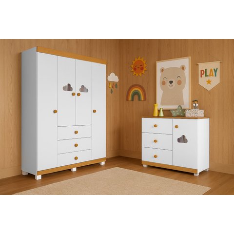 Guarda Roupa Infantil 4 Portas Cômoda Ane 100% Mdf Branco/carvalho
