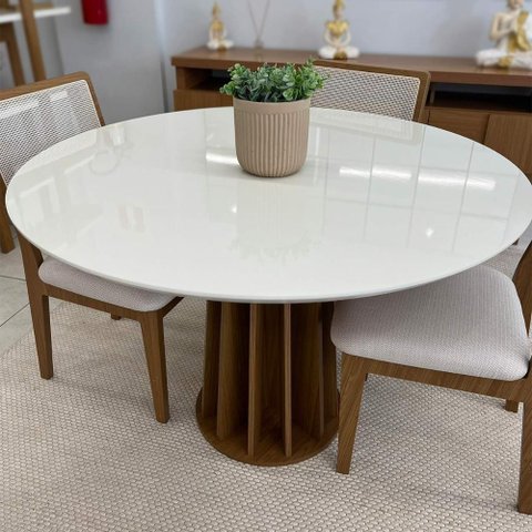 Mesa de Jantar Redonda 1,15m 4 Lugares Dalla Costa 100% Mdf Cor:off White com Freijó