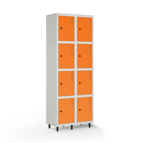 Armário Roupeiro Locker Guarda-Volume de Aço 8 Portas Pequenas com Fecho para Cadeado Vestiário Academia Laranja/Cinza
