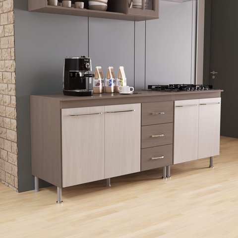 Kit 2 Balcões Modulados Gabinete Pia 120cm e Cooktop 70cm com Tampo Paris Fidelitá