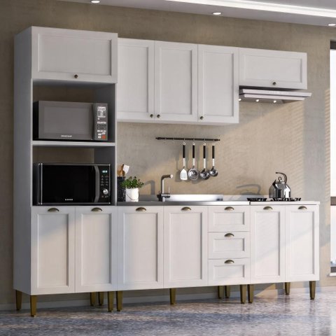 Cozinha Compacta Modulada 5 Peças 11 Portas 3 Gavetas 260cm Provençal Branco - Mademovel