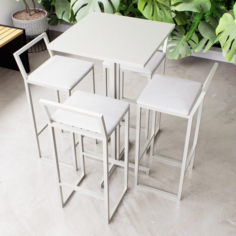 Conjunto Mesa Alta Bar Bistrô Quadrada Branca 4 Banquetas Confort Estofado White Don Castro