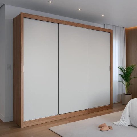 Guarda-roupa Casal 3 Portas de Correr 6 Gavetas Montclair 275 Cm - Canella C/ Off White Fosco