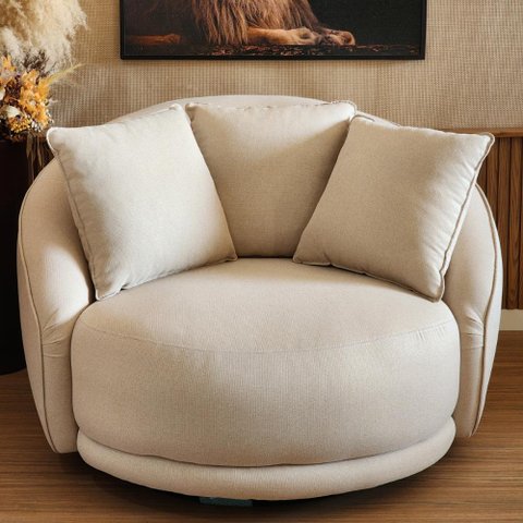Poltrona Giratória Ayla, com Almofadas, Redonda, Estilo Organico em Linho - Larbelle