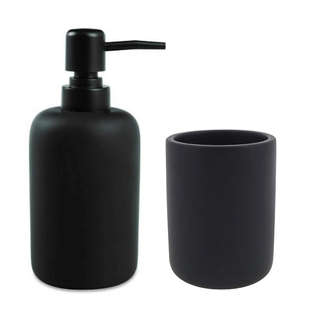 Kit Lavabo - Porta Sabonete Líquido 17 cm e Porta Copo Escova 10 cm de Cimento Preto Fosco