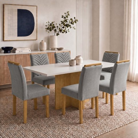 Conjunto de Mesa de Jantar 6 Lugares 160x80cm Vidro MDF Carol Cinamomo Off White Cinza