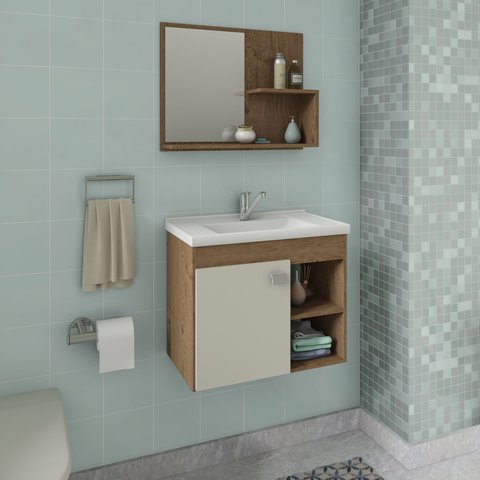 \Conjunto Gabinete Banheiro Completo Suspensa Nicho Balcão Kit Aéreo 1 Porta Clássica