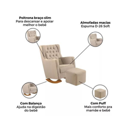 Poltrona Amamentação Balanço com Puff Versão Premium Itália Tecido Veludo Bege - 3