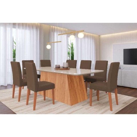 Sala de Jantar Completa Helena Tampo Madeirado C/ Vidro 210x100cm e 8 Cadeiras Maia Cinamomo/off
