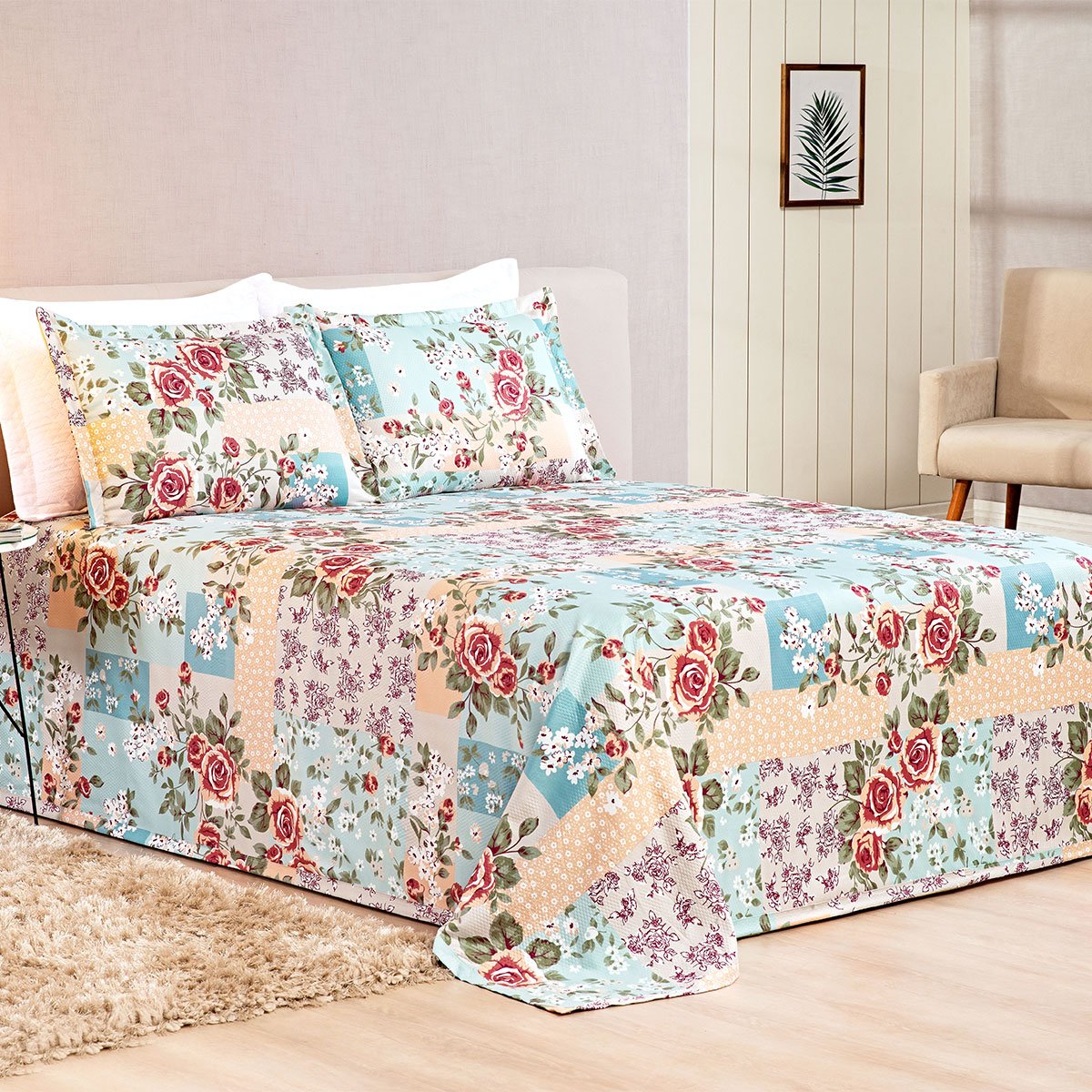 Cobre Leito Patchwork Tiffany Queen Tecido Piquet 3 Peças | MadeiraMadeira