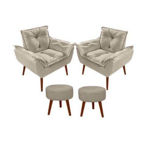 Kit 02 Poltrona Opala Decorativa Suede + 02 Puff Redondo Decorativo