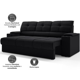 Sofá com Porta Copos Retrátil e Reclinável Tom 2,05m Velosuede - Netsofas - Preto - 3