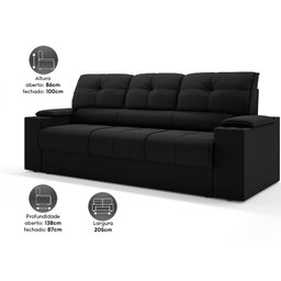 Sofá com Porta Copos Retrátil e Reclinável Tom 2,05m Velosuede - Netsofas - Preto - 2