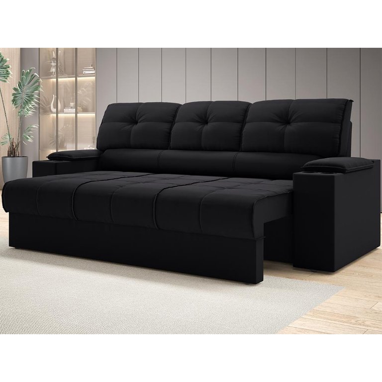 Sofá com Porta Copos Retrátil e Reclinável Tom 2,05m Velosuede - Netsofas - Preto