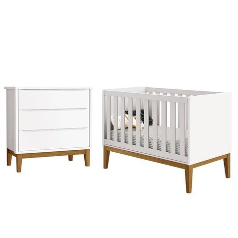 Berço Americano e Cômoda Gaveteiro New Classic Branco com Pés Madeira – Reller