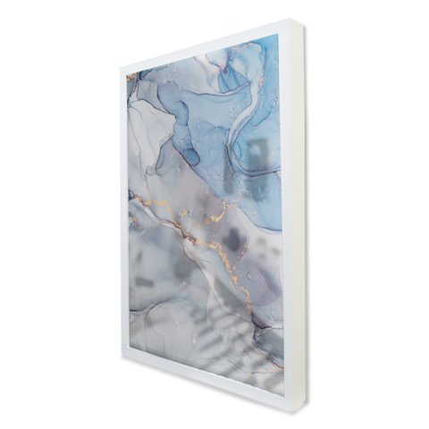 Quadro Decorativo Caixa Alta com Vidro Abstrato Mármore Azul Celeste TaColado Moldura Branca 120 x 8