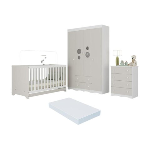 Quarto de Bebê Completo Berço Americano 3 em 1 Colchão Sonho Multimóveis Mp4635 Branco/off White
