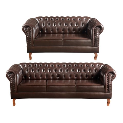 Conjunto Sofá Dom Pedro 2 e 3 Lugares Chesterfield Capitonê - Café