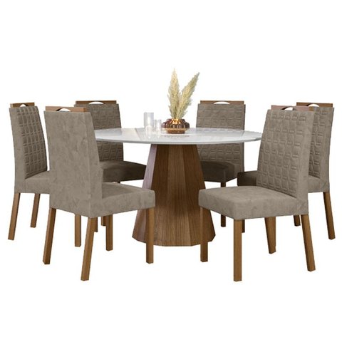 Mesa de Jantar Isis 135x135 Cm com Vidro Ype Off White e 6 Cadeiras Mariana Camurça Marrom – New Cev