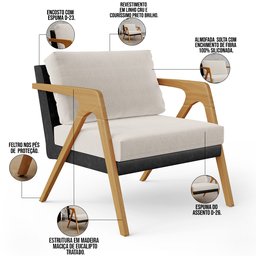 Poltrona Decorativa Para Sala De Estar Pietra L02 Couríssimo Preto Linho Cru - Lyam Decor - 4