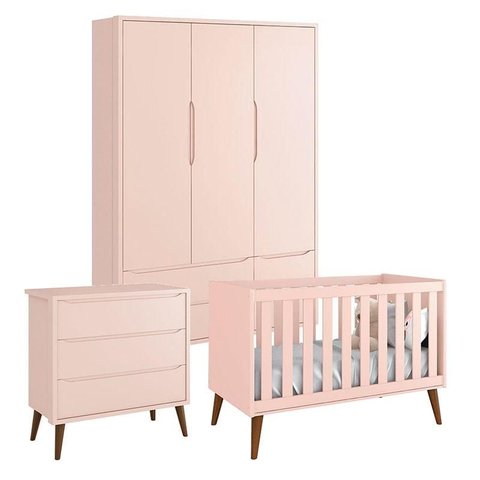 Quarto de Bebê Theo 3 Portas Cômoda Gaveteiro Rosa com Pés Amadeirados – Reller