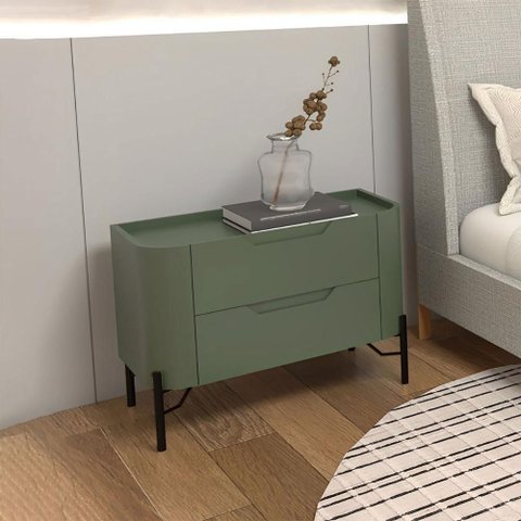 Mesa de Cabeceira Bend 2 Gavetas MDF Musgo com Preto Pés em Metal Casa Lar Shop