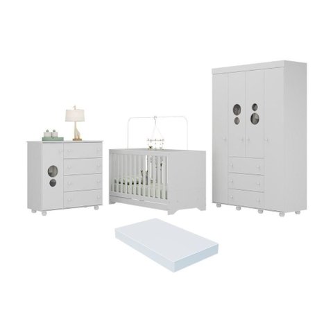 Quarto Infantil Completo com Berço 3 em 1 com Colchão Incluso Multimóveis Mp4384 Branco