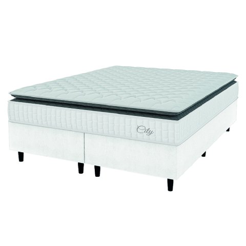 Cama Box Colchão Casal King Molas Ensacadas City Pillow Top 193x203x61cm Linho Branco / Cinza