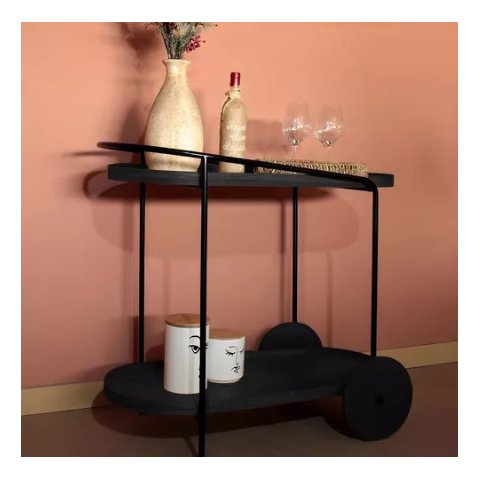 Carrinho Adega Bar Decorativo Oval Aço Preto Prateleira Preta
