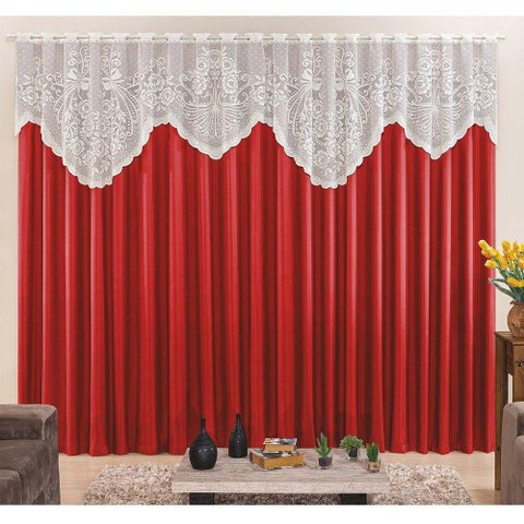 Cortina Nicole 4,00m X 2,50m Vermelha Tecido Microfibra com Renda Varão Simples