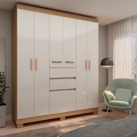 Guarda Roupa 7 Portas 2 Gavetas com Pés Berna Freijo/Branco