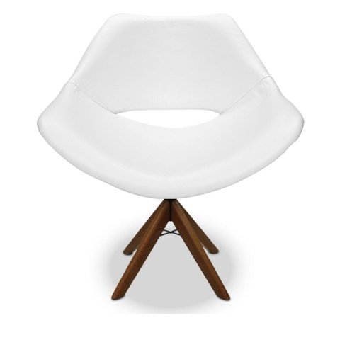 Poltrona Berlim Corino Branca Base Giratória de Madeira:Giratória de Madeira