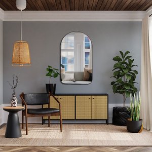 Espelho Pinterest Orgânico Decorativo Grande 64x44cm Borda em Couro 3cm - Mod. Capela Preto