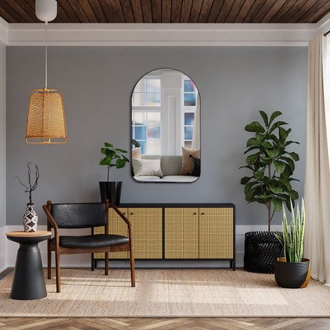 Espelho Pinterest Orgânico Decorativo Grande 64x44cm Borda em Couro 3cm - Mod. Capela Preto