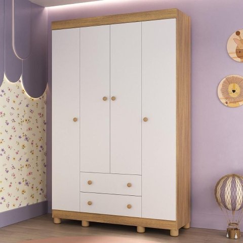 Guarda-roupa Infantil 122cm 4 Portas e 2 Gavetas Allegra Multimóveis Mp4443 Madeirado/branco