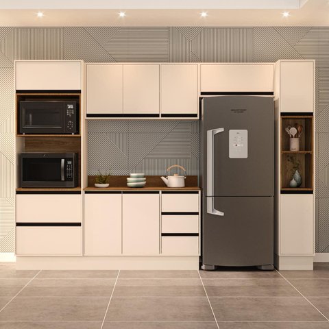 Cozinha Koya 5 Peças Armários Aéreos Torre Quente Paneleiro Balcão Tampo Rodapé Creme 250049