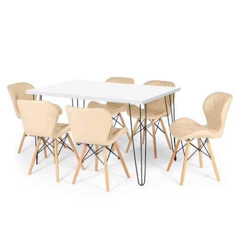 Conjunto Mesa de Jantar Hairpin 130x80 Branca com 6 Cadeiras Eiffel Slim - Nude