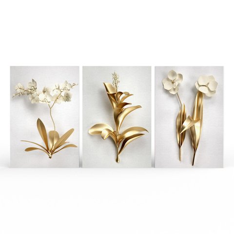 Kit 3 Quadros Retangulares - Trio de Flores Douradas