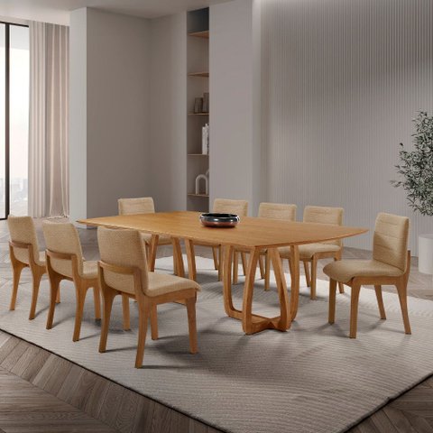 Sala de Jantar Mesa Flora 220cm Tampo Laminado Barril com 8 Cadeiras Bella
