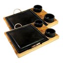 Ver imagem 3 de KIT 2 GRELHA DE PEDRA SABÃO QUADRADA 25X25 CM + 4 CUMBUCAS COM SUPORTE DE MADEIRA Leônidas