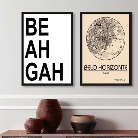 Kit 2 Quadros Belo Horizonte- Mapa 24x18cm - com Vidro:madeira Branca