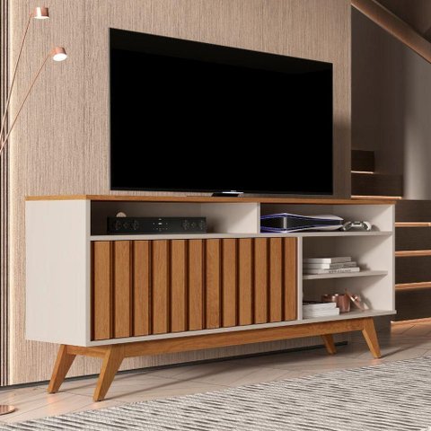 Rack para TV Pluma 55 Polegadas 136cm MDP MDF Off White Freijó Germai Móveis