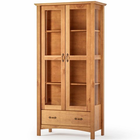 Cristaleira 100% Madeira Maciça com 2 Portas 1 Gaveta Stella - Castanho Fosco