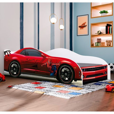 Cama Juvenil Infantil Carro Vermelho Adesivada com Proteção Lateral Quarto Menino