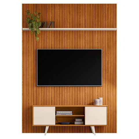 Conjunto New Panorama Painel com Prateleira e Rack Cinamomo/off-white