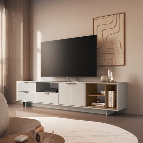 Rack para TV até 65 Polegadas 220cm com Nichos 3 Gavetas Frame Mel/Arenas