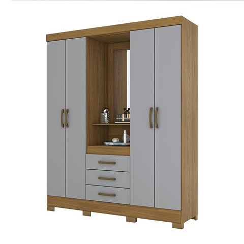 Guarda Roupa Nápole Capelinha 4 Portas e 3 Gavetas Nature/Cinza - Móveis Briz
